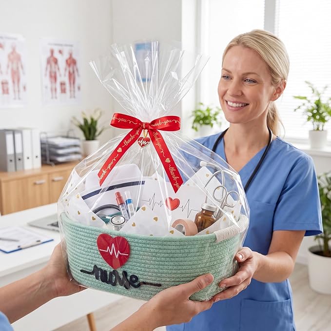 Colingmill 2026 Graduations & Nurses Week Gift Basket Empty to Fill, Woven Rope Basket 15" x 11" x 6" Decorative Storage Baskets with Gift Bag, Bow, Tissue Paper & Year Charm(Mint Green)