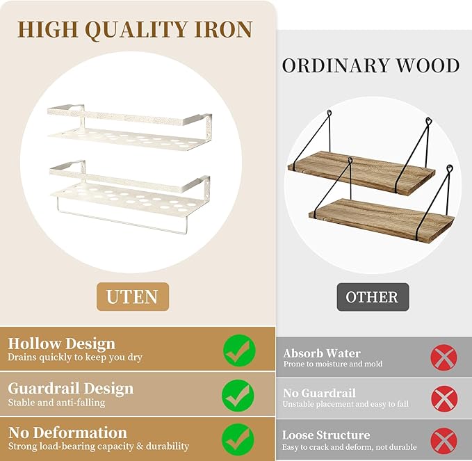Uten Floating Shelves, Wall Mounted Iron Shelves Set of 2, Bathroom Storage Iron Shelves with Towel Rack, Wall Hanging Organizer Decor Shelf for Bathroom, Kitchen, Bedroom, Living Room