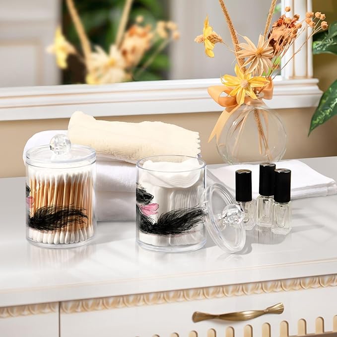 2 Pack Apothecary Jars,Cute Skunk Holding Flower Bathroom Vanity Storage Organizer Set,Small Clear Plastic Storage Jars Bathroom Canister for Cotton Swabs,Rounds,Balls,Qtips,Makeup Sponges