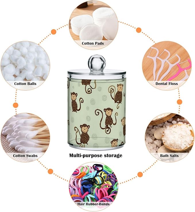 2 Pack Apothecary Jars Artistic Mint Monkey Pattern Bathroom Vanity Storage Organizer Set,Small Clear Plastic Storage Jars Bathroom Canister for Cotton Swabs, Rounds, Balls, Qtips,Makeup Sponge