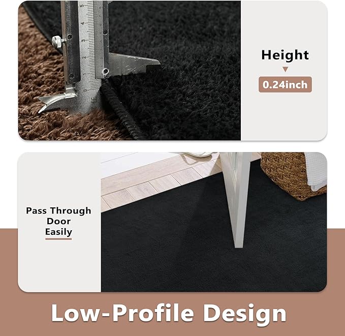 FinRèc 6x9 Washable Area Rugs for Bedroom Living Room, Low Pile Thin Rug Solid Color, Non-Slip Carpet Indoor for Home Decor (Pure Black)