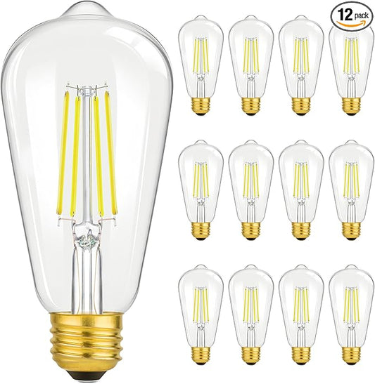 12-Pack LED Edison Bulb 100W Equivalent, Daylight White 5000K, 8W 1400 Lumens High Brightness, ST64 Vintage Filament Light Bulb, LED Antique Bulbs, CRI 90+, E26 Medium Base, Non-Dimmable