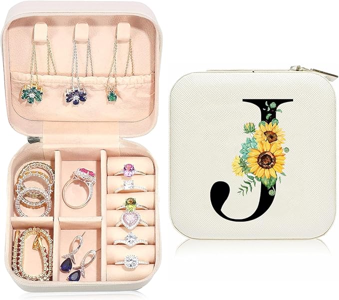 Sunflower Jewelry Case,Sunflower Gifts for Women,Initial J Travel Jewelry Box,Valentine's Day Gift Easter Personalized Gifts for Teen,Mom,Wife,Bridesmaids,21st Birthday Gift for Her