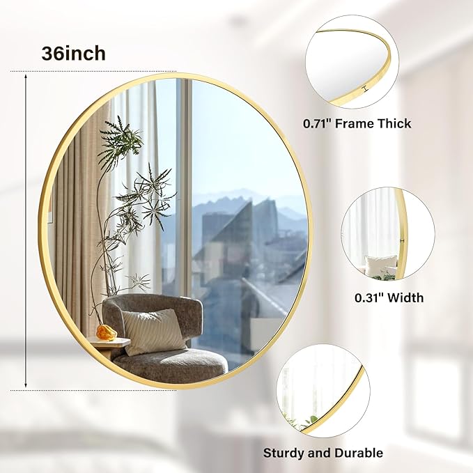 XRAMFY 36 Inch Round Mirror - Circle Mirrors for Bathroom, Entryway and Living Room Wall Decor, Modern Hanging Vanity Mirror, Matte Gold Circle Decorative Wall Mirror