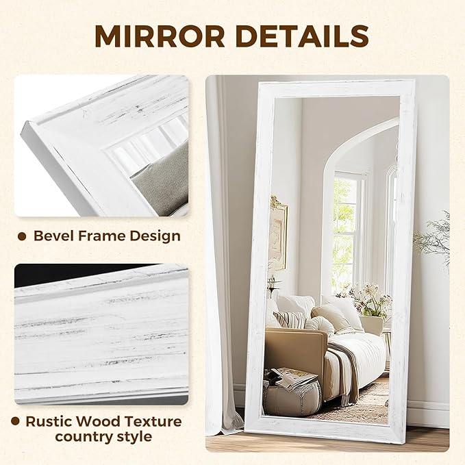 Oversized White Full Length Mirror 71"x32" - Solid Wood Beveled Frame Wall Leaning or Hanging Mirror - Rustic Farmhouse Style for Bedroom, Entryway, Living Room