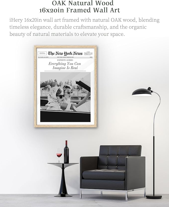 iHery Everything You Can Imagine Is Real Framed Trendy NewsPaper Wall Art, Natural OAK Wood Large 16x20in Canvas Wall Art Decor For Bedroom, Vintage Hot Girls Prints Living Room Home Décor 1Pack