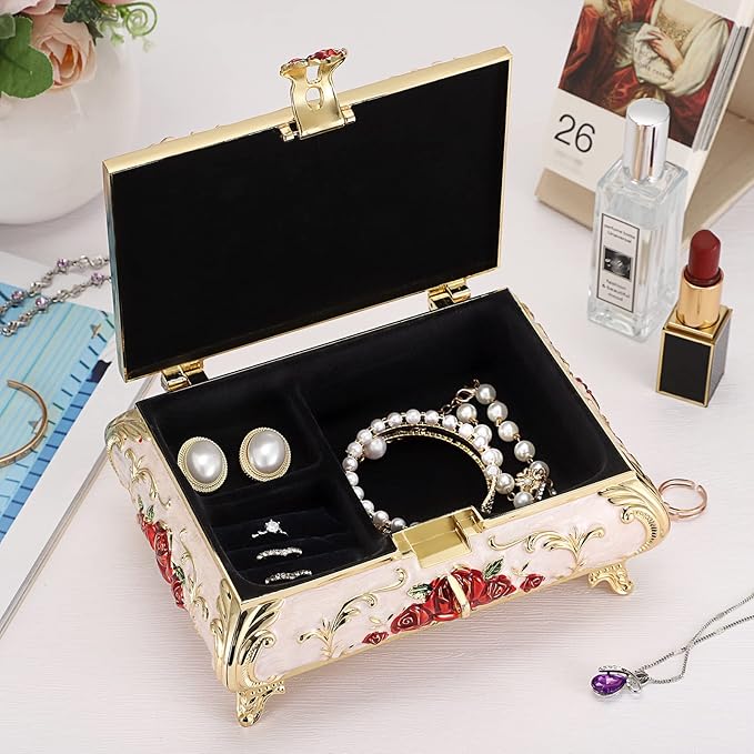 Hipiwe Metal Decorative Jewelry Box Vintage Treasure Chest Case Ornate Trinket Organizer Earrings Necklace Bracelet Storage Box Ring Holder Keepsake Box for Women