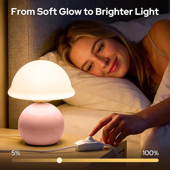 Mushroom Table Lamp for Bedroom, Cozy Bedside Lamp with Glass Shade, Stepless Dimmable Nightstand Lamp for Relaxing Bedroom Decor & Aesthetic Home (Pink)