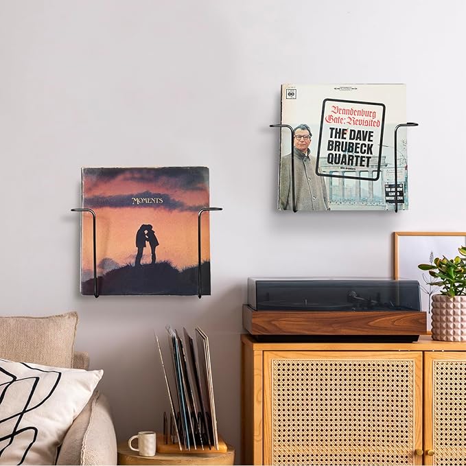 MyGift Modern Metal Wire Record Display Shelf, Vinyl Records Wall Mount Storage Racks, Hanging LP Record Holders, Floating Album Cover Display Shelves, Set of 2 (Black- 4 Pcs)
