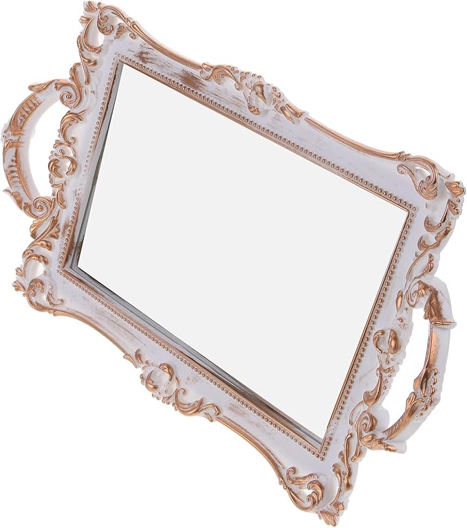 Gold Vintage Mirror Surface Jewelry Tray Decorative Perfume Vanity Organizer Plastic Serving Plate for Home Décor and Makeup Storage
