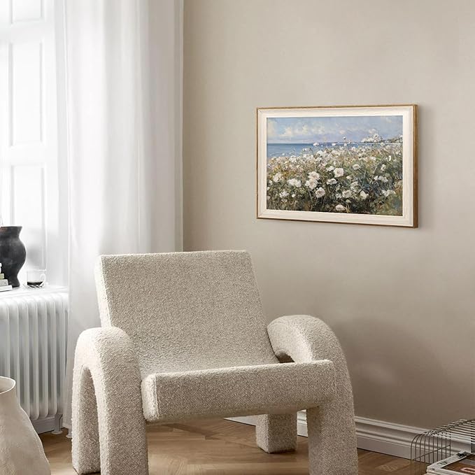ASTRDECOR Framed Canvas Wall Art Room Decor, Vintage Landscape Wall Art for Home Decor Aesthetic Artwork, Coastal Scenery Nature White Wildflowers Oil Painting Pictures Bathroom Wall Decor 16''x24''