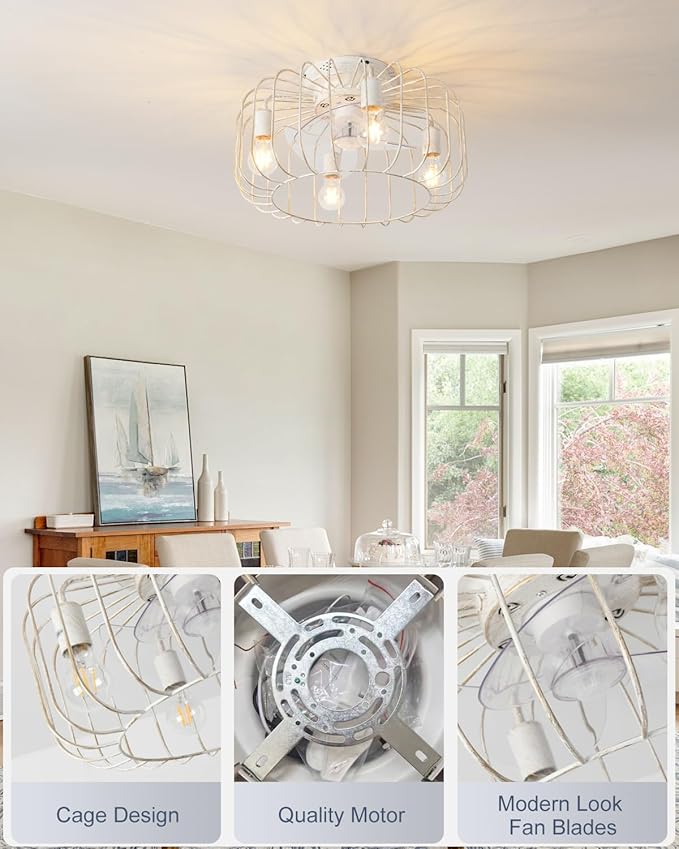 18inch White Gold Caged Ceiling Fan Light,Flush Mount Chandelier Industrial Ceiling Fan,Farmhouse Fan Lights Ceiling Fixtures for Kitchen,Bedroom,Outdoor(6 Speed,Timing with Remote)