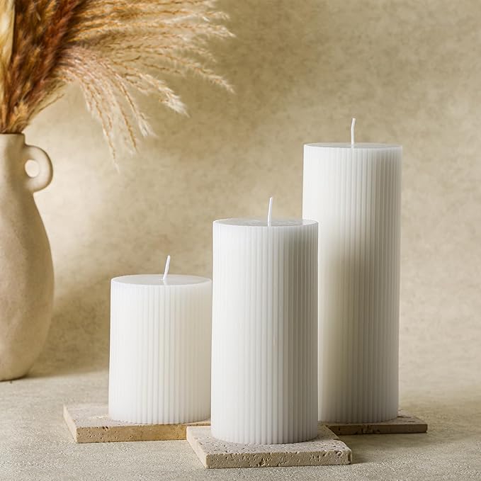 Conelist Ribbed Pillar Candles Set of 3, Width 3" High 4" 6" 8" Large Soy Wax Orchids Scented Pillar Candles Aesthetic Ribbed Modern Home Decor for Bathroom Living Room(White)