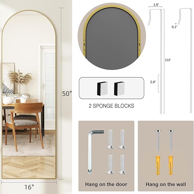 Door Mirror, Arched Full Length Mirrors Over The Door, 16"x 50" Hanging or Wall Mirror, Full Body Mirrors,Gold