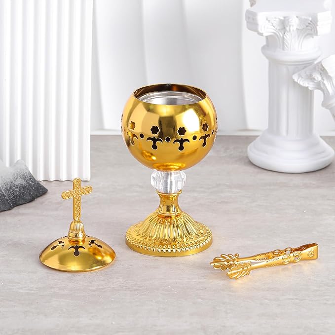 Zonon 1 Set Incense Burner with Tong, Frankincense Charcoal Incense Stand Holder, Ideal for Yoga, Spa, Aromatherapy, Home and Christian Church Censer (Gold,Retro)