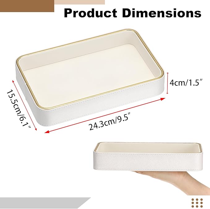 Hipiwe Decorative Perfume Tray PU Leather Valet Trays Bathroom Vanity Tray Catchall Trays Bedside Nightstand Organizer for Dresser Earrings Trinket Jewelry Holder, 9.5" x 6.1" x 1.5"