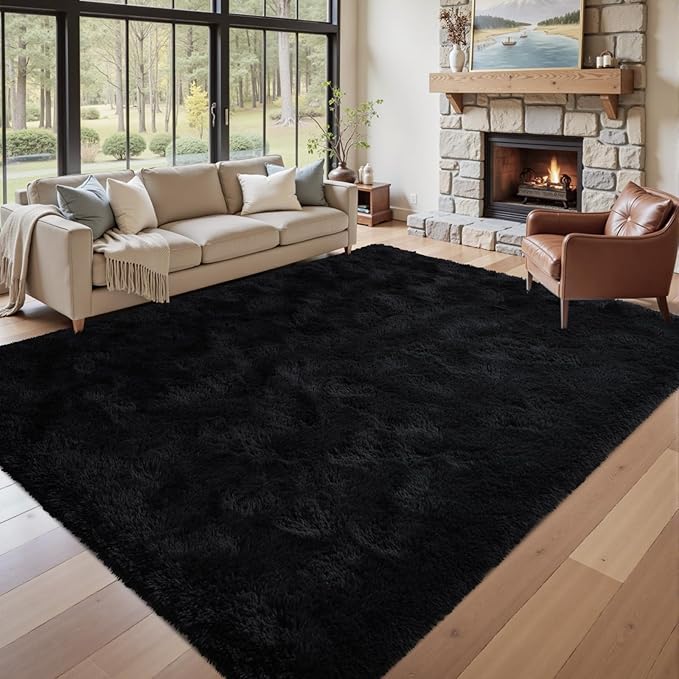 7x10 Black Area Rugs for Living Room, Large Fluffy Shag Bedroom Rugs Non-Slip, Ultra Soft Plush Carpet for Nursery Kids PlayRoom Dorm Office Indoor Modern Carpets
