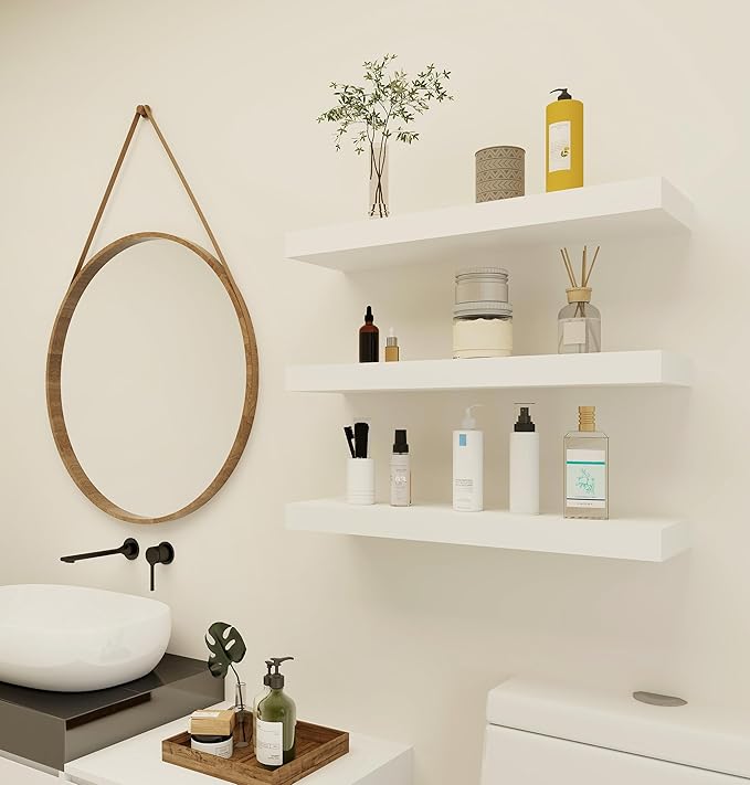 Vervida® White Floating Shelves for Wall, 24" Rustic Wood Deep Wall Mounted Shelves with Invisible Brackets for Decor & Storage, Floating Shelf for Living Room, Bathroom (Set of 3)