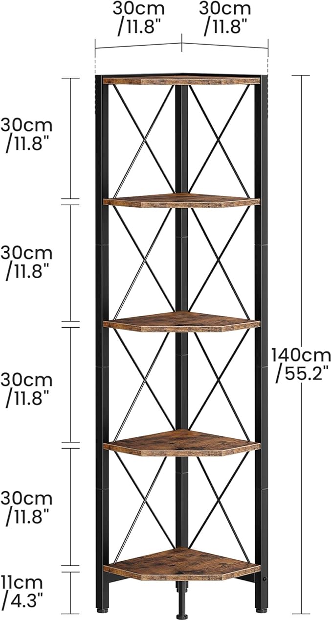 CHOEZON 5-Tier Corner Shelf, Corner Bookcase, 55.2" Tall Vertical Display Rack, Plant Stand, Open Storage Shelf, for Living Room, Bedroom, Study, Kitchen, Rustic Brown and Black TCJ12BF