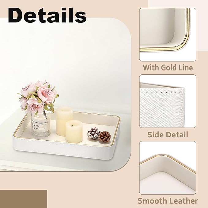 Hipiwe PU Leather Jewelry Tray Bedside Organizer Holder Perfume Vanity Tray for Jewelry Earrings Trinket Dish Skincare Organizing Tray, 11.3" x 8.3" x 1.5"