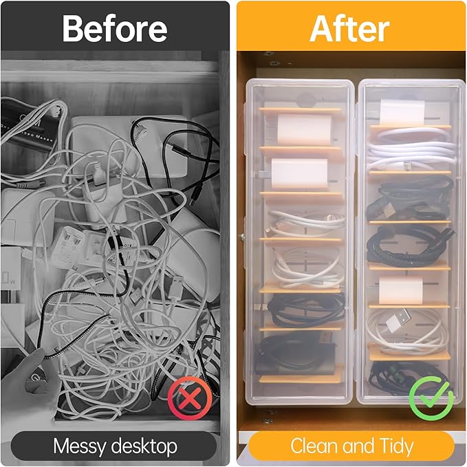 PAVSTINE 2 Pack Clear Cable Organizer Box with Lid, Plastic Charger Cable Cord Storage Organizer, Office Desk Organizers, Multifunctional Accessories Storage for Home Drawer Office, Stackable