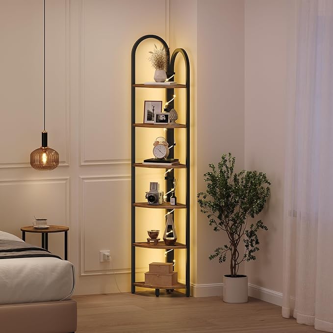 MAHANCRIS 6 Tier Corner Shelf with LED Light, 74.6'' Tall Corner Bookshelf Stand, Narrow Display Bookcase with Storage Rack for Wall Corner, Living Room, Bedroom, Small Spaces, Rustic Brown CSHR66101