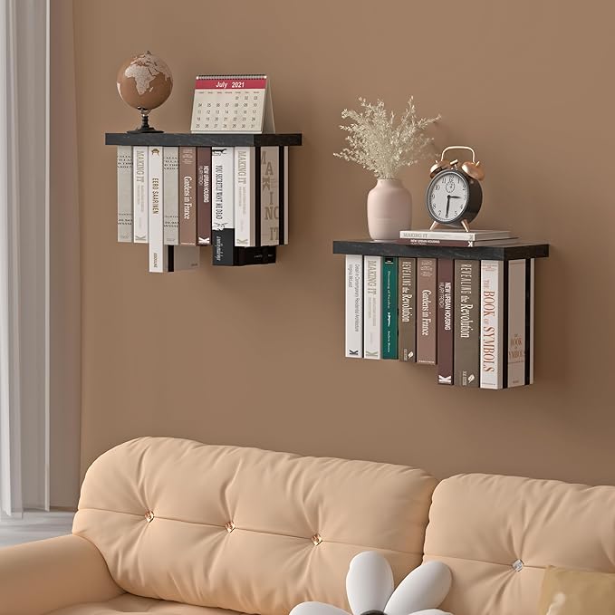 Tohiasen Floating Book Shelves for Wall Mounted Set of 2, Wood Hanging Bookshelf, Book Display Shelf for Wall, Unique Space Saving Book Shelf Wall Book Holder (Black)