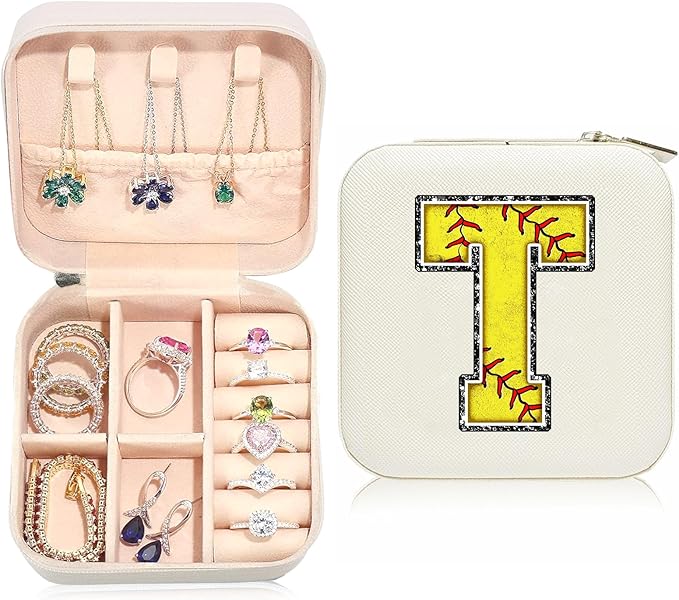Softball Initial T Travel Jewelry Case,Valentine's Day Gift Softball Gifts for Teen Easter,Jewelry Box Personalized Softballs Accessories Letter Birthday Gifts for Players Coach Team Mom