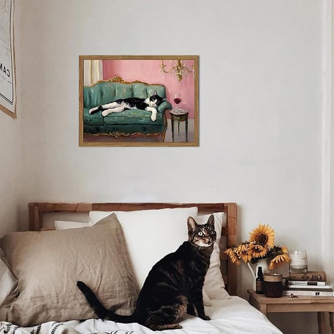 Fun Cat Wall Art Cute Tuxedo Cat With Red Wine Wall Decor Whimsical Animal Cocktail Bar Cart Canvas Poster Quirky Pet Lover Picture Print for Dining Room Living Room Wood Framed 16x24 inch