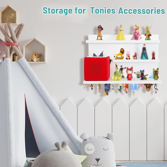PHOENANCEE for Tonies Shelf Magnetic,for Toniebox Figures Storage Display Shelf 40-48 Character,Wall Floating Shelves Wooden,Compatible Charging Station for Children Kid's Room,Pine,3 Tier