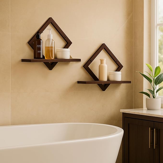 Floating Shelves for Wall,Decorative Wall Shelf,Hanging Shelf for Plants Storage Display Holder,Indoor Decor for Living Room Home Office Bathroom Bedroom,Solid Wood,Diamond Shaped,2 Pack(Walnut)