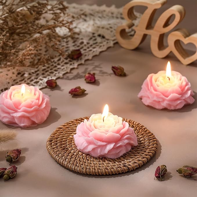 Roowest 3 Pcs Flower Shape Trendy Candles Floral Shaped Aesthetic Candle Soy Wax Handmade Minimalism Decorative for Home Spa Yoga Decor Art Gift(Pink)