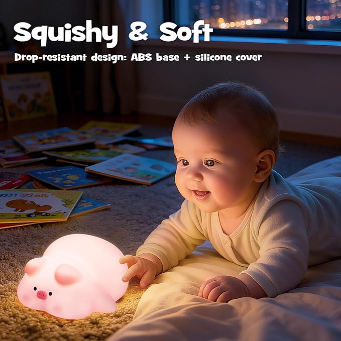 Squishy Pig Night Light 3 Brightness Adjustable Cute Lying Flat Piggy Light with Timer Nursery Breastfeeding Nightlight Rechargeable Silicone Touch Bedside Animal Lamp for Home Bedroom Dorm Decor
