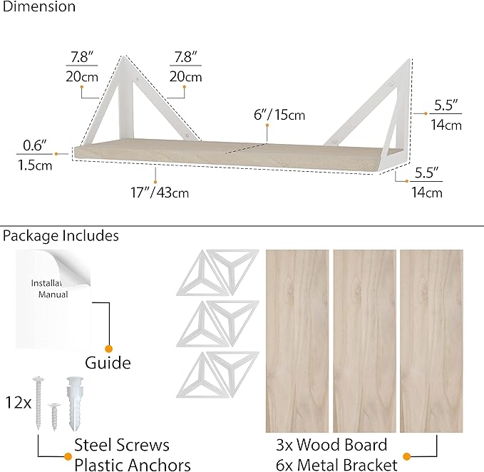 Wallniture Minori Floating Shelves for Wall Storage, Floating Bookshelf Set of 3, Bathroom and Kitchen Organizer Natural Wood Wall Shelves with White Brackets