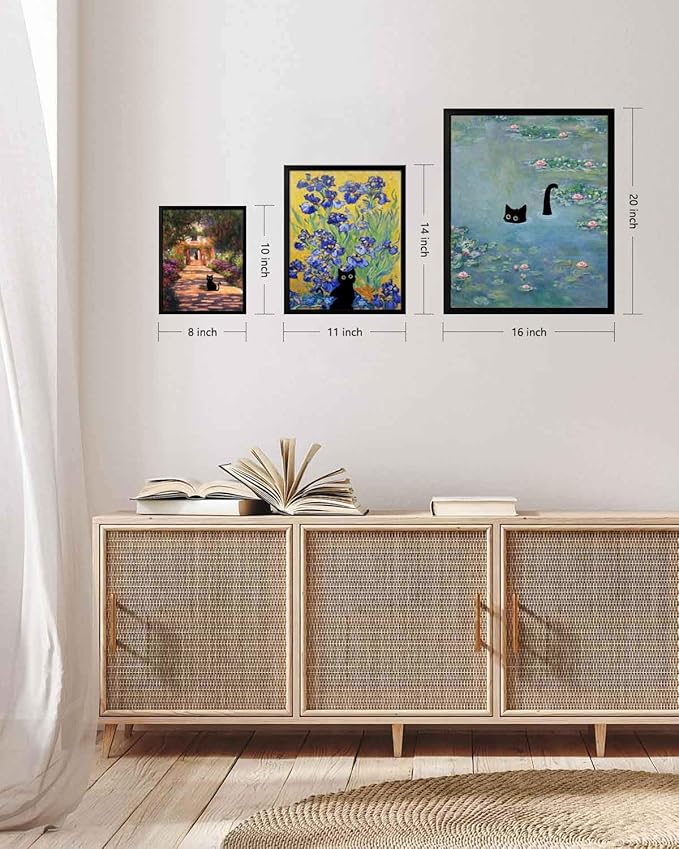 Hamduker Funny Black Cat Wall Art, Monet Art Water Lily Cat Wall Art Decor, Preppy Aesthetic Cat Posters for Bedroom Bathroom Living Room (Size: 11'' x 14''x1pcs)