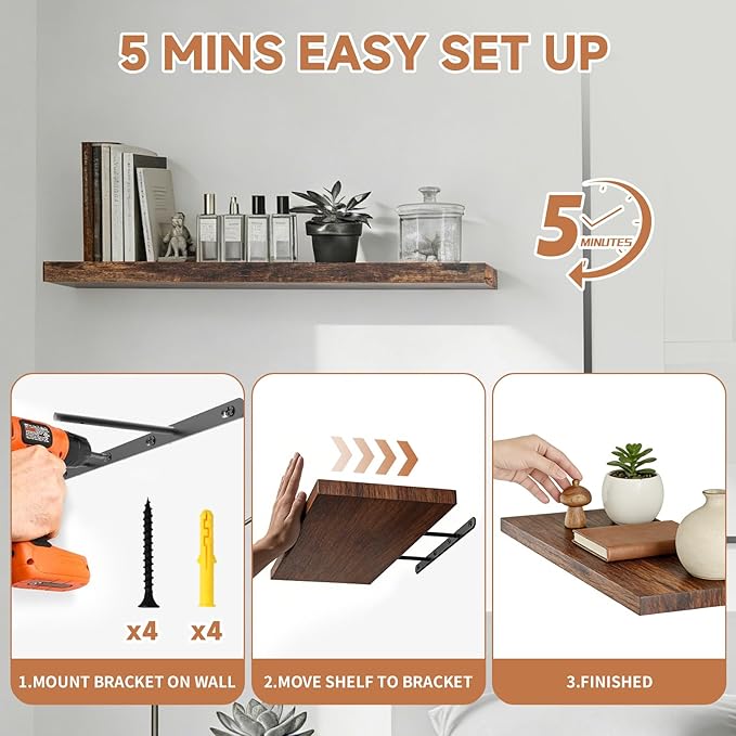 Easy Install Floating Shelves, 15.7 Inch Wall Mounted Wooden Shelf, Small Hanging Shelf for Home Decor, Books and Storage, Organizer for Bedroom, Bathroom, Kitchen, Set of 3, Vintage Brown