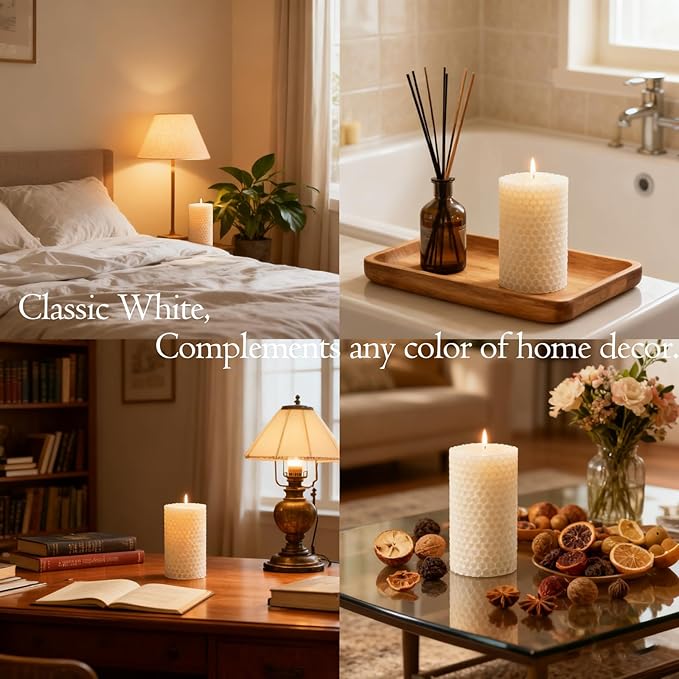 White Hand-Rolled Beeswax Candles, 4 Packs, 2x4 Inch White Honeycomb Pillar Candle, 15 Hour Burn Time Ivory Handcrafted Bees Wax Candles for Gift Choice, Candle Lovers, Home Decor