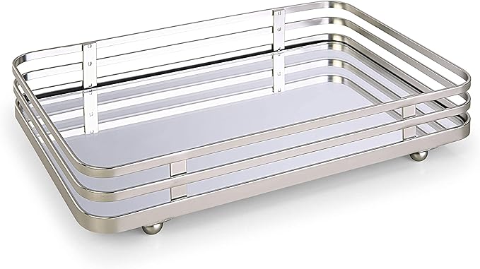 SunnyPoint Classic Decorative Vanity Perfume Dresser Jewelry Organizer Makeup Mirror Tray (Satin Nickel) (Pack of 2)