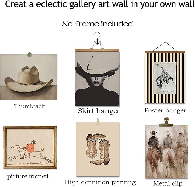 Vintage Western Cowboy Poster Set of 6, Southwestern Rustic Aesthetic Artwork Canvas Prints, Coastal Cowgirl Room Decor, Mid Century Striped Western Wall Decor Paintings, Dorm College Home Decoration