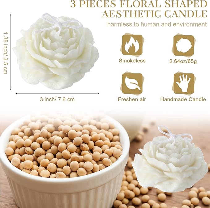 Roowest 3 Pcs Flower Shape Trendy Candles Floral Shaped Aesthetic Candle Soy Wax Handmade Minimalism Decorative for Home Spa Yoga Decor Art Gift(White)