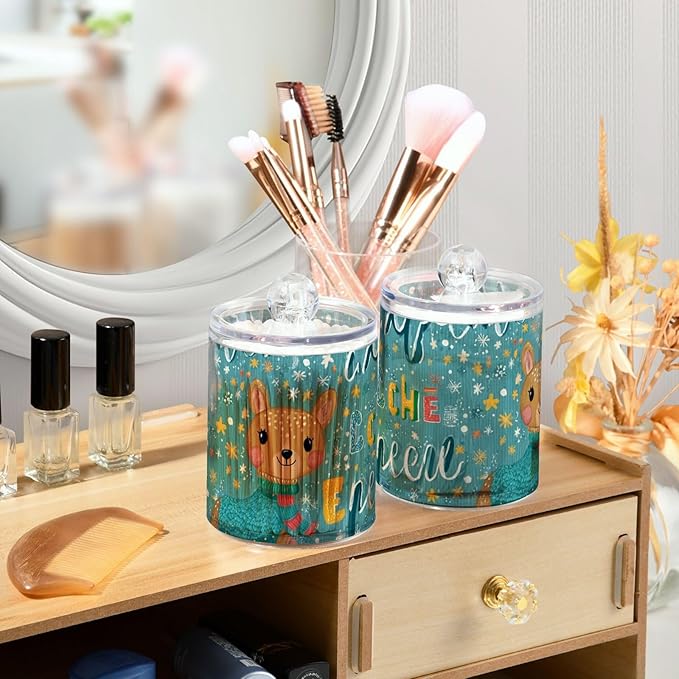 2 Pack Apothecary Jars Festive Deer Snowflake Print Bathroom Vanity Storage Organizer Set,Small Clear Plastic Storage Jars Bathroom Canister for Cotton Swabs, Rounds, Balls, Qtips,Makeup Sponge