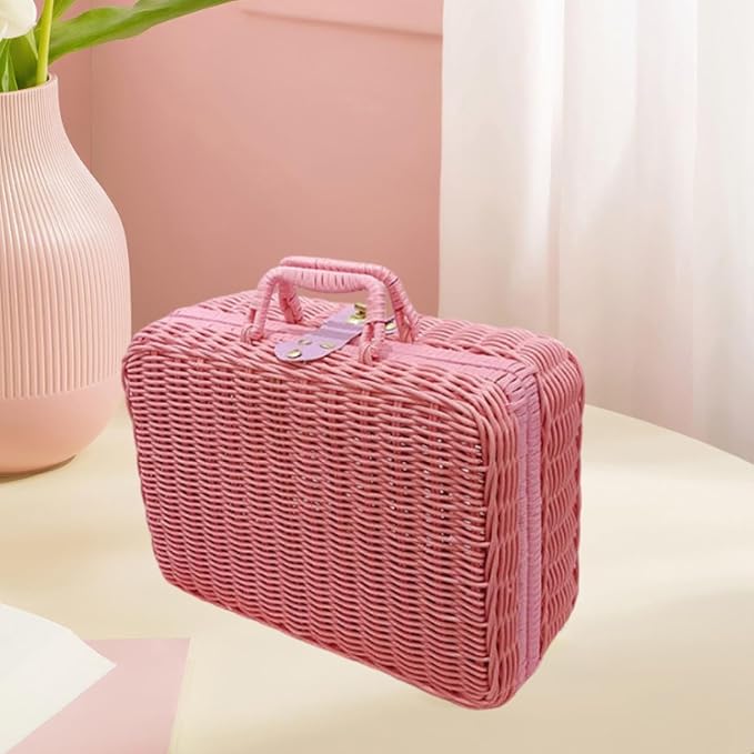 Woven Suitcase Imitation Rattan Storage Basket Portable Photo Prop Makeup Case Picnic Basket for Tabletop Bathroom Household, Pink XL