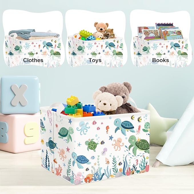 Clastyle Adorable Ocean Animals Kids Book Storage Basket Sea Turtle Clothes Laundry Basket Parents Gift Toy Box for Bedroom Shower, Green Turtle, 40x30x30 cm