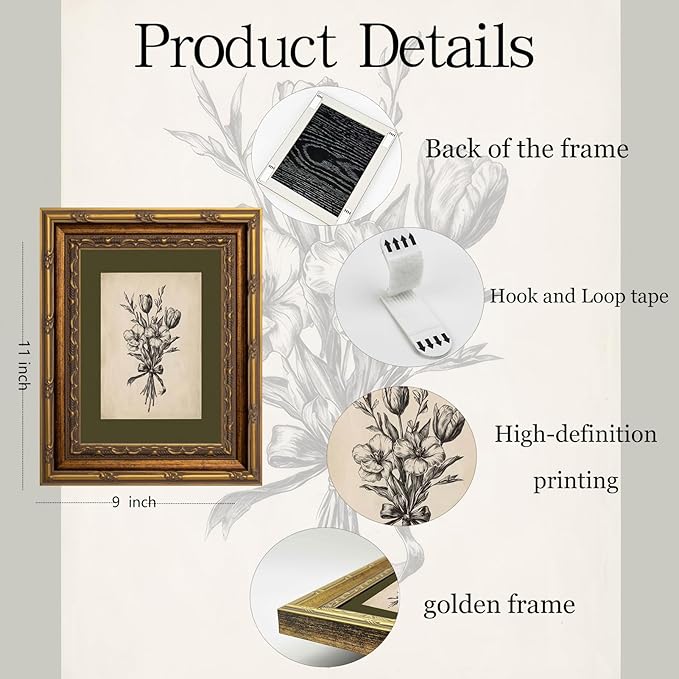 Gold Framed Wall Art Vintage Flower Sketch Wall Art Antique Sage Green Botanical Wall Decor Picture Dark Green Floral Drawing Poster Print for Bedroom Living Room 9x11in
