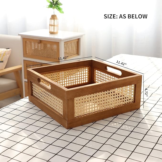 YAHUAN Woven Wooden Basket Wood Storage Crate Box, Bamboo Basket with Built-In Handles for Kitchen Pantry, Cabinet, Office, Bedroom, Rustic Country Decor (Brown)