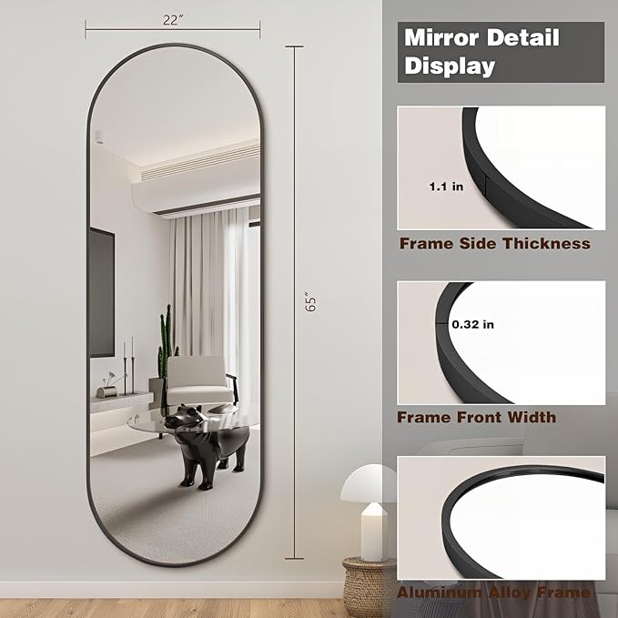 Niccy 65"×22" Oval Full Length Mirrors, Long Wall-Mounted Mirror with Aluminum Frame, Large Body Mirrors for Living Room, Explosion-Proof Hanging Wall Mirror for Bathroom Bedroom Entryway Decor, Black
