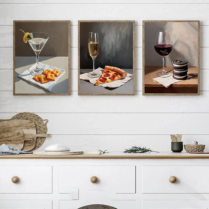 Set of 6 Trendy Cocktail Poster Martini and Cheese Crackers Prints Bar Cart Accessories Decor Retro Cocktail Wall Art Red Wine Canvas Room Decor Pictures for Apartment Dorm Unframed 12x16 inch