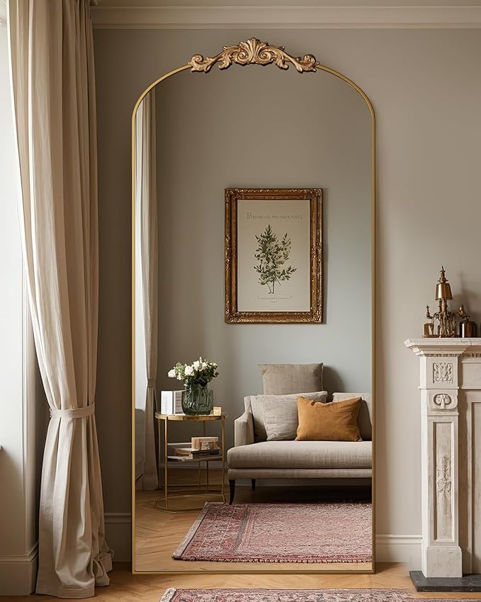 Antok Arched Full Length Mirror, 76"x34" Floor Mirror with Carved, Full Body Mirrors for HomeDecor, Standing/Halling Large Wall Mirror for Bedroom, Living Room, Cloakroom, Gold, Retro Style