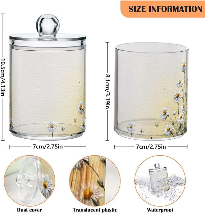 2 Pack Apothecary Jars Little Daisies and Black Cats Bathroom Vanity Storage Organizer Set,Small Clear Plastic Storage Jars Bathroom Canister for Cotton Swabs, Rounds, Balls, Qtips,Makeup Spong