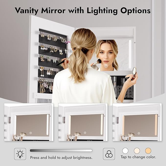 Zamildon's LED Mirror Jewelry Armoire, 360° Swivel Mirrored Jewelry Storage Cabinet with Interior LED Lights, Full Length Mirror Floor Standing Jewelry Organizer with Storage Shelves (White)